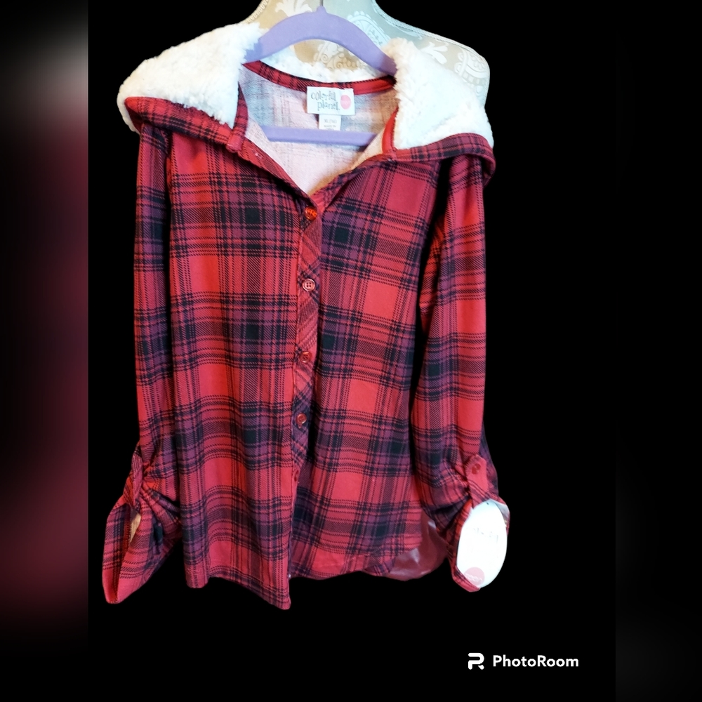 Colorful Planet Hooded Sherpa Plaid Long Sleeve Shirt Teen Size XL 16 NWT
